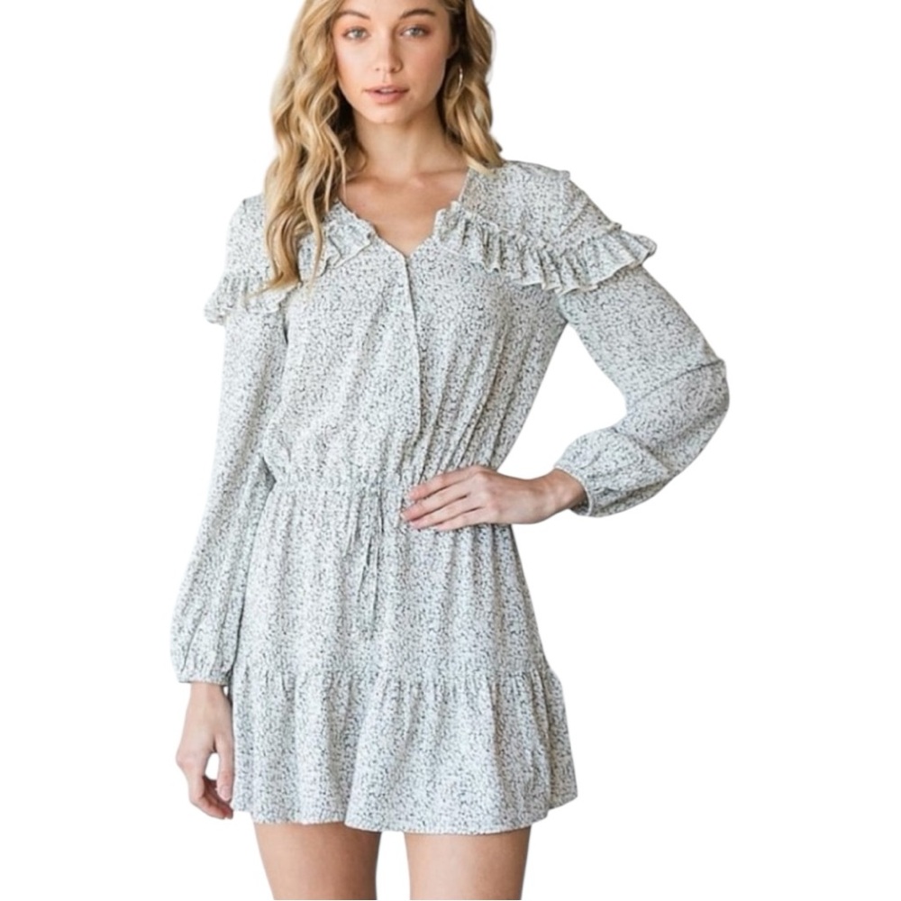 Boutique White and black ditsy floral ruffle romper